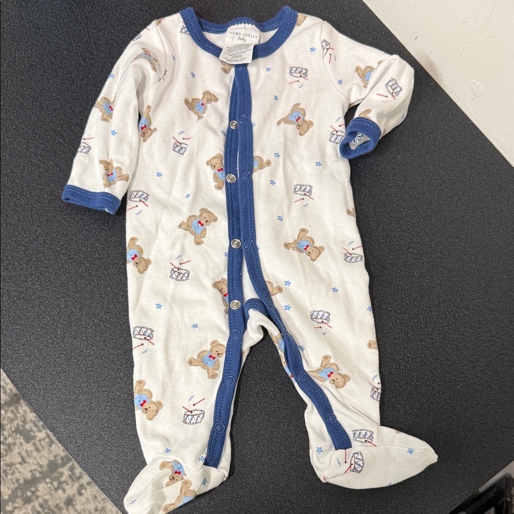 Laura Ashley White Footed Bear Print One-Piece with Blue Trim